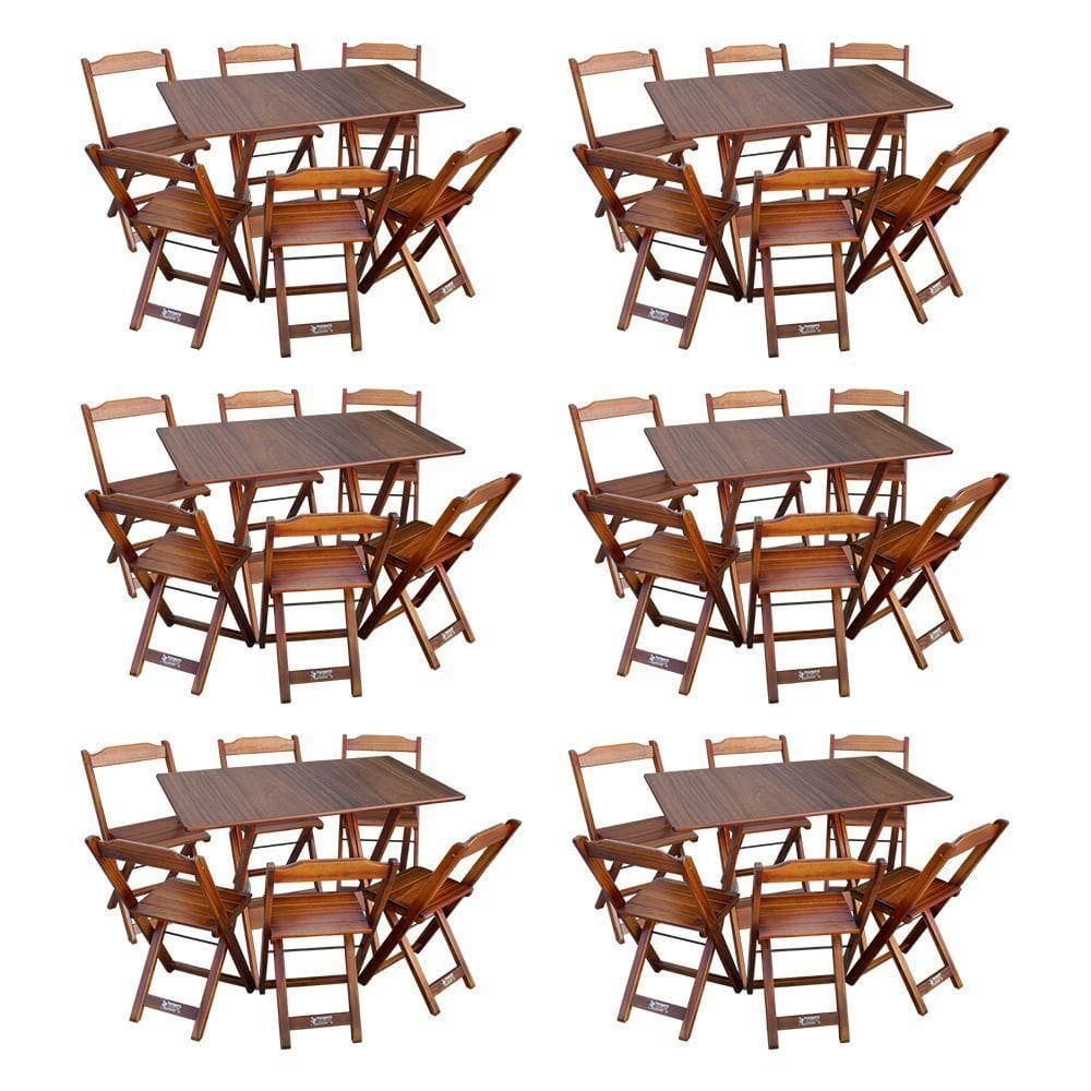 Kit 6 Conjuntos De Mesa Dobráveis De Madeira 70x110cm Com 6 Cadeiras Imbuia