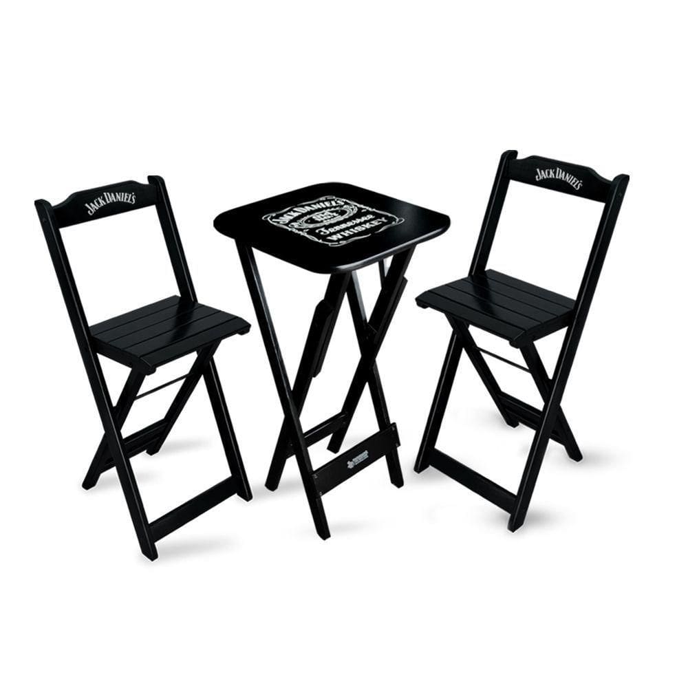 Mesa Bistrô Dobrável Jack Daniel`s Com 2 Banquetas De Madeira Para Bares E Restaurantes Preta