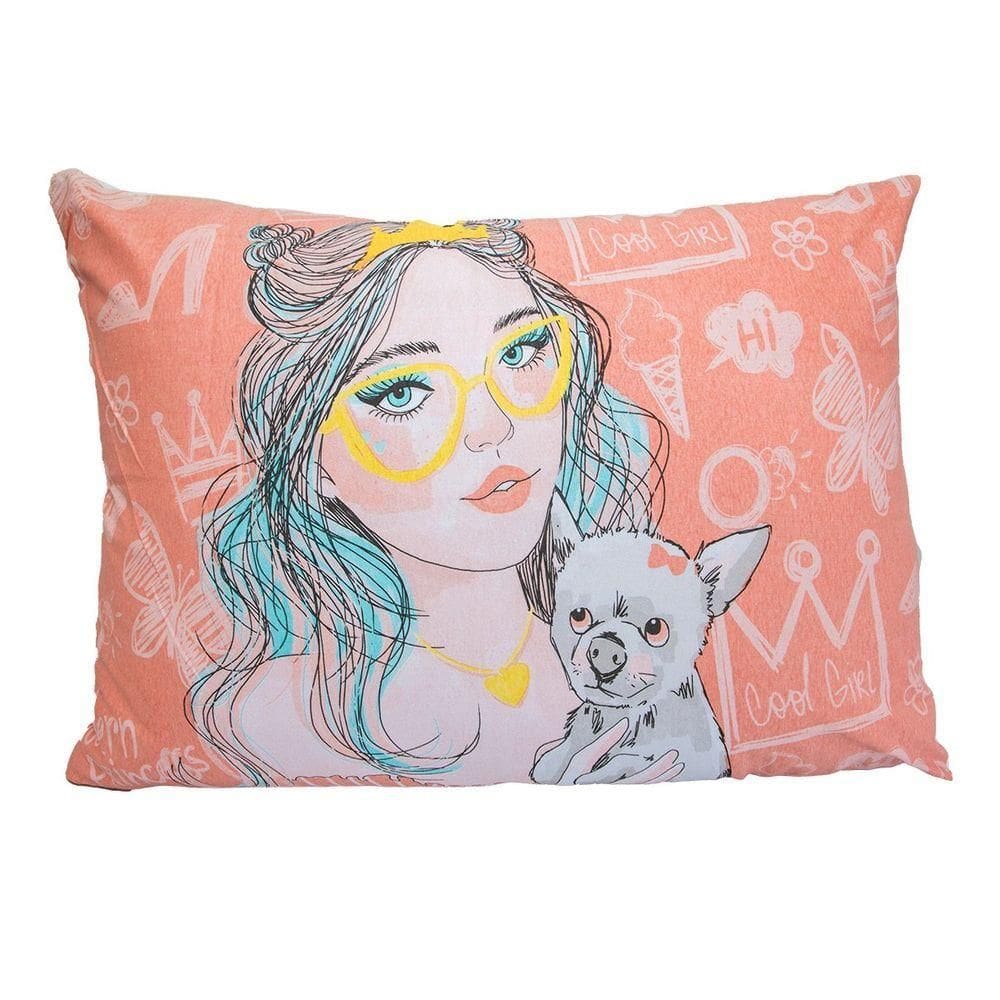 Fronha Portallar Malha 100% Algodão Estampa Localizada Girl óculos E Cachorro 48cmx68cm Branco