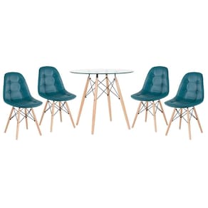 Kit - Mesa De Vidro Eames 80 Cm + 4 Cadeiras Eames Botonê Turquesa Turquesa
