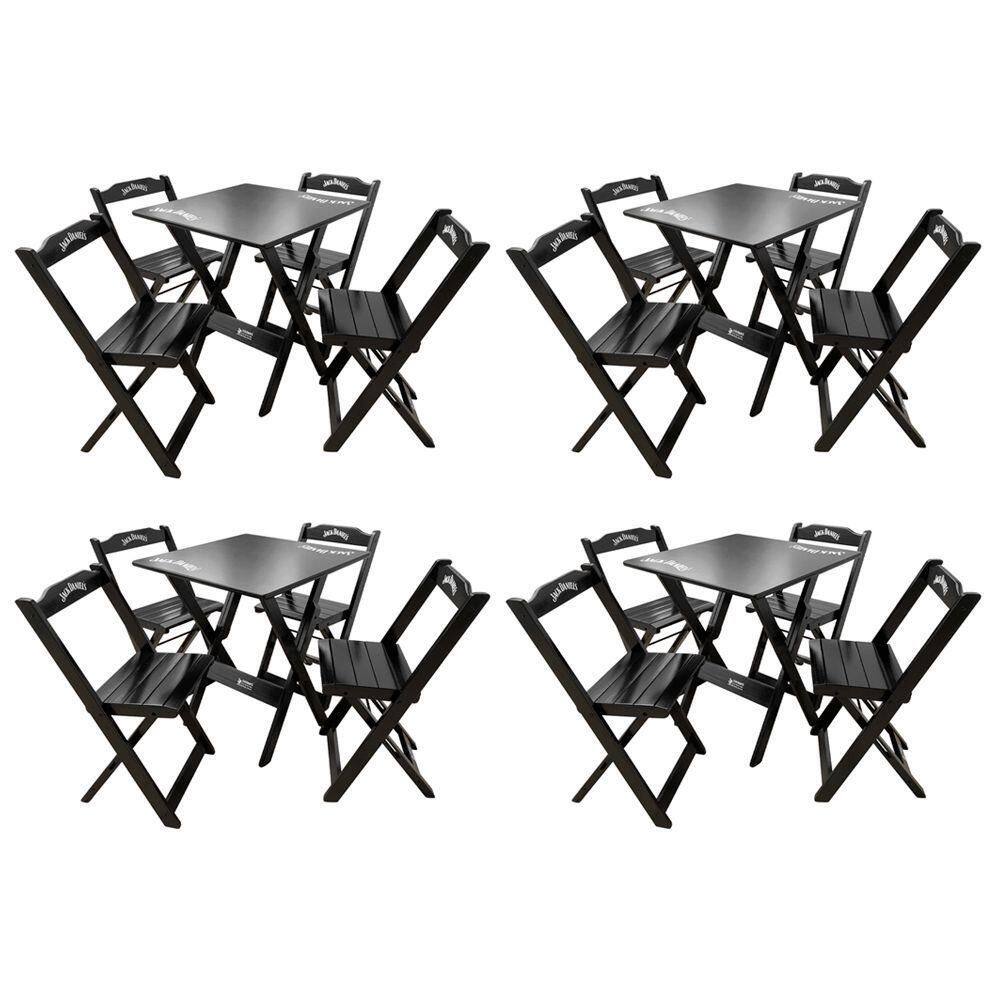 Kit 4 Conjuntos Mesa Dobrável Madeira 70x70 Com 4 Cadeiras Personalizada Jack Preta - Tarimatã