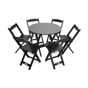 Mesa Dobrável De Madeira Redonda 90cm Com 6 Cadeiras Preta - Tarimatã