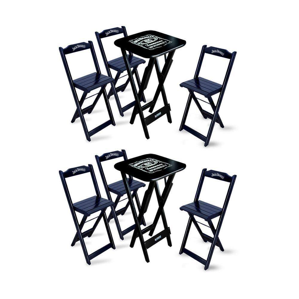Kit 2 Conjuntos De Mesa Bistrô Dobrável Jack Daniel`s Com 3 Banquetas De Madeira Preta