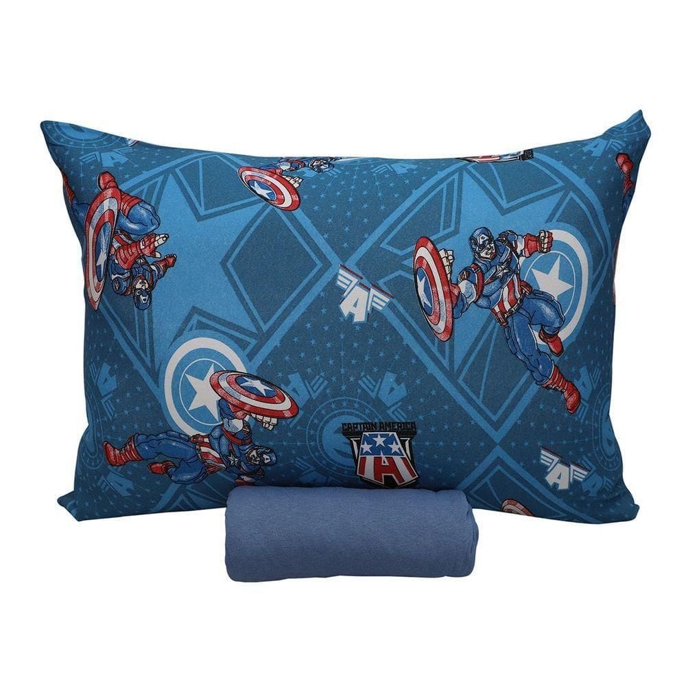 Jogo De Cama Portallar Solteiro Malha 100% Algodão Disney Marvel Capitão América 2 Pçs Azul