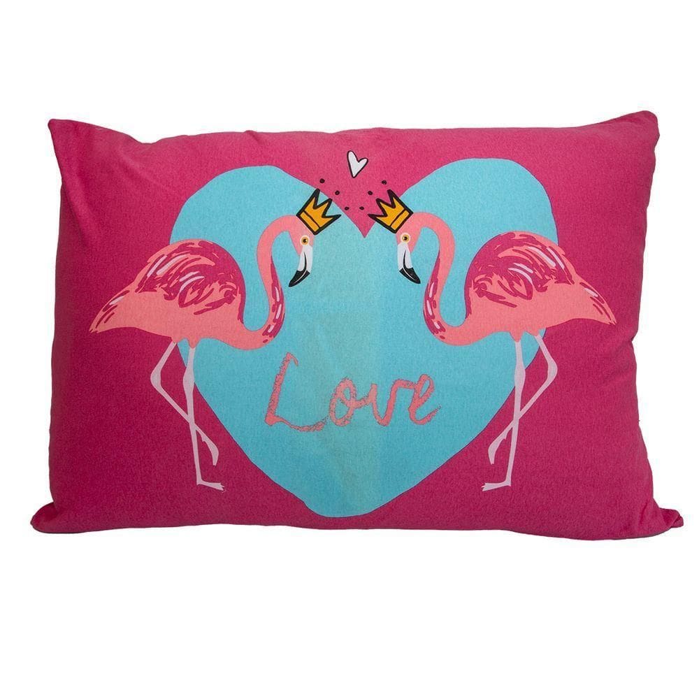 Fronha Portallar Malha 100% Algodão Estampa Localizada Flamingos 48cmx68cm Branco