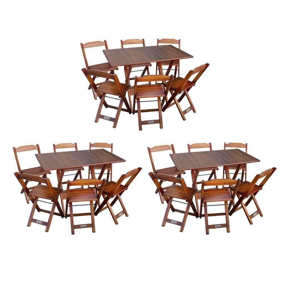 Kit 3 Conjuntos De Mesa Dobráveis De Madeira 70x110cm Com 6 Cadeiras Imbuia