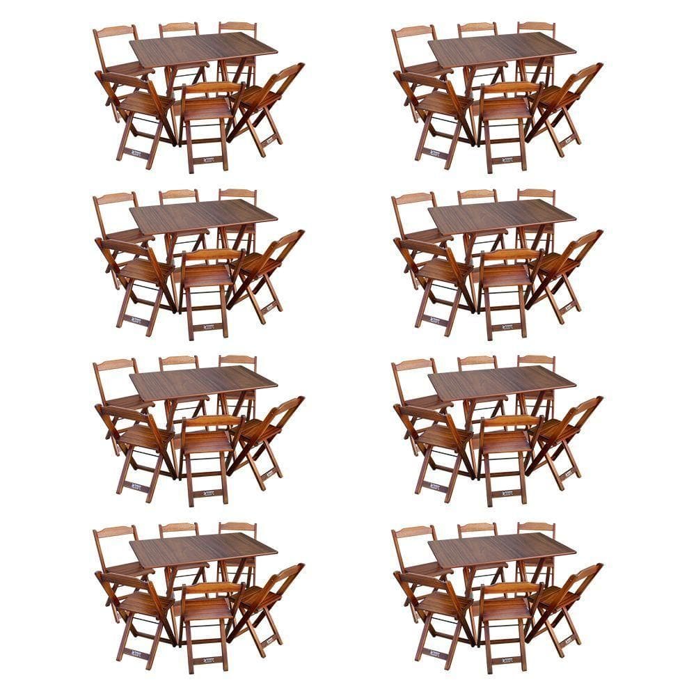 Kit 8 Conjuntos De Mesa Dobráveis De Madeira 70x110cm Com 6 Cadeiras Imbuia