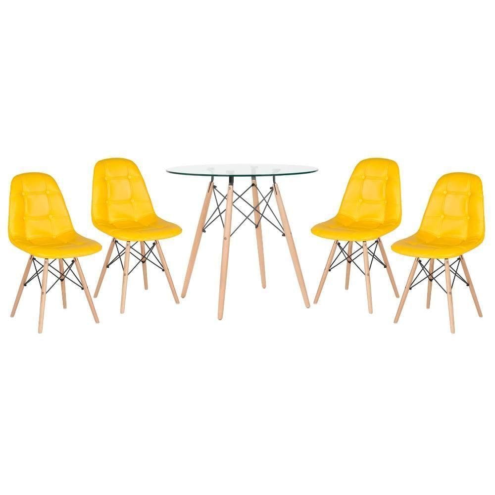 Kit - Mesa De Vidro Eames 80 Cm + 4 Cadeiras Eames Botonê Amarelo Amarelo