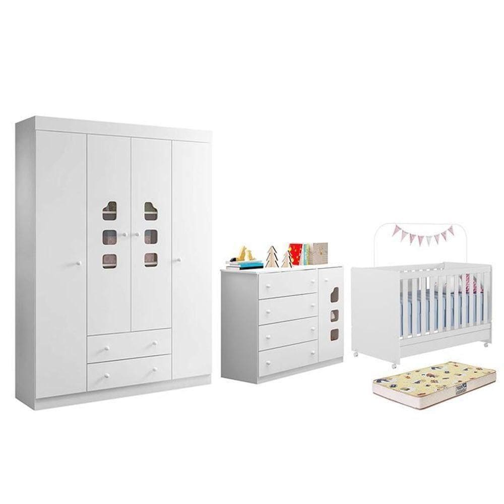 Dormitório Lívia Guarda Roupa, Cômoda E Berço Branco Com Colchão Supreme - Phoenix Baby Branco