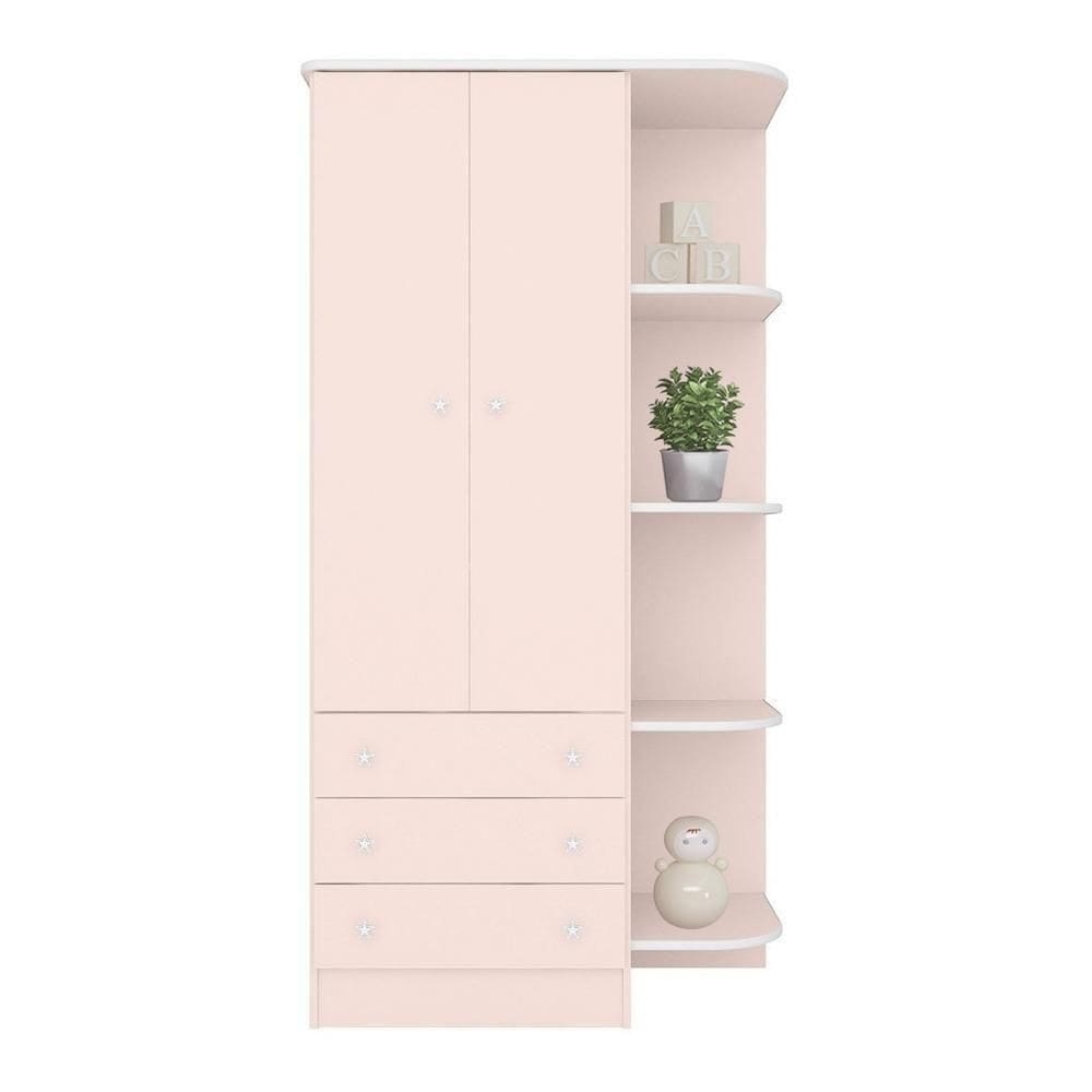 Guarda Roupa Infantil 2 Portas E 3 Gavetas Doce Sonho Rosa Acetinado Com Nicho - Qmovi Rosa Acetinado