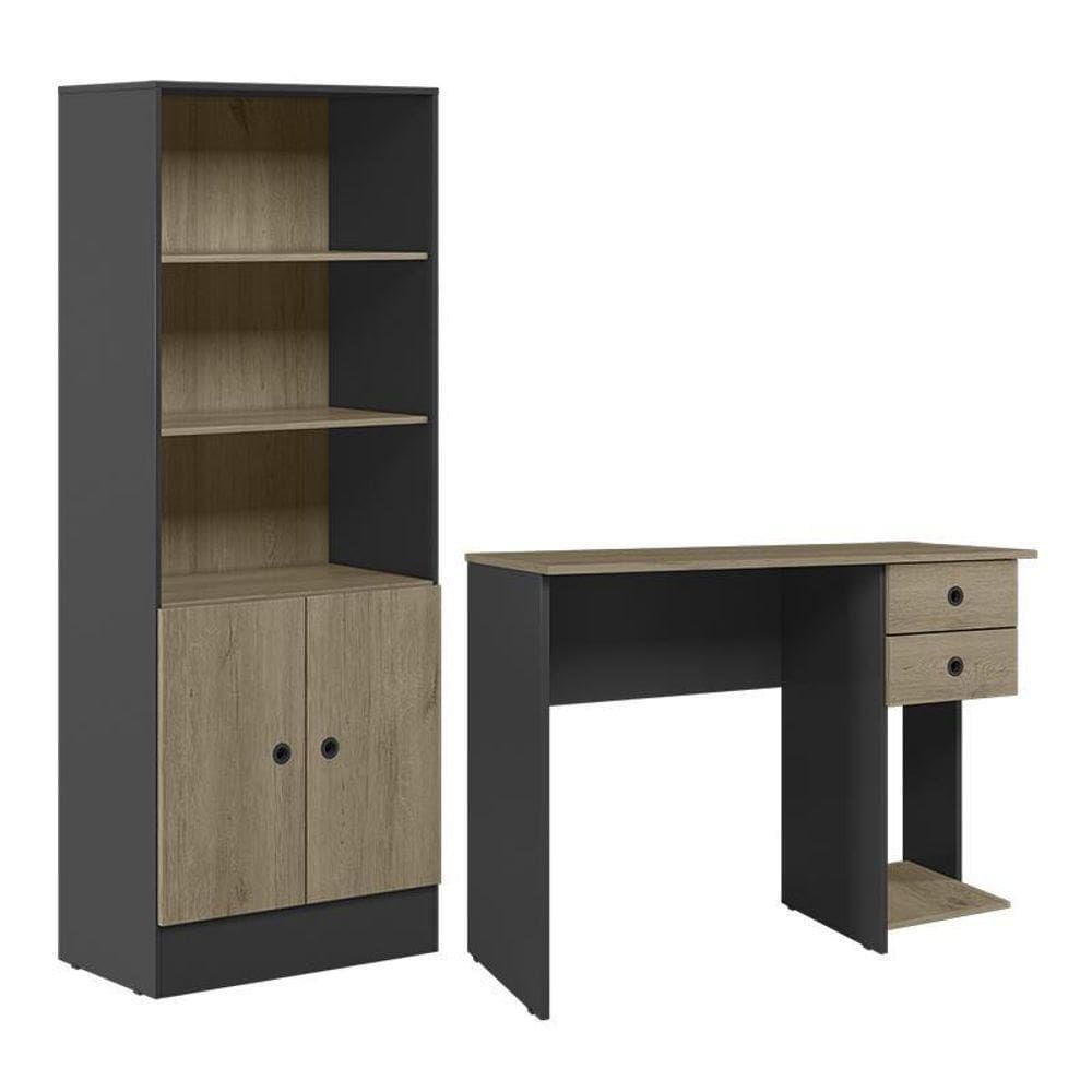 Conjunto Home Office Com Armário 2 Portas E Mesa Escrivaninha Preto-carvalho - Qmovi Preto-carvalho