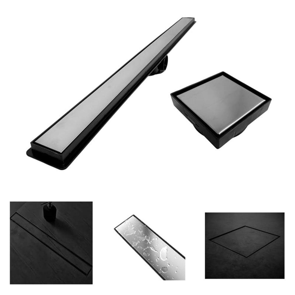 Kit Seca Box Linear 5x70 + Ralo 10x10 Inox 2 em 1 Invisível Oculto Base Preto Banheiro