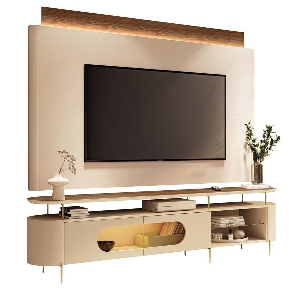 Rack Para Sala Orgânico Sâmia Com Painel Para 85 Pol Aslan B01 Off White Castanho - Lyam Decor