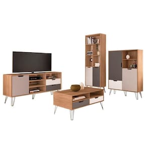 Conjunto Para Sala Rack 60 Pol Carvalho Branco Grafite Prata Arly