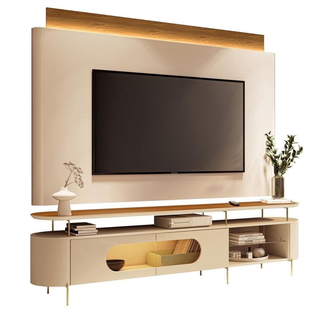 Rack Para Sala Orgânico Sâmia Com Painel Para 85 Pol Aslan B01 Off White Cinamomo - Lyam Decor