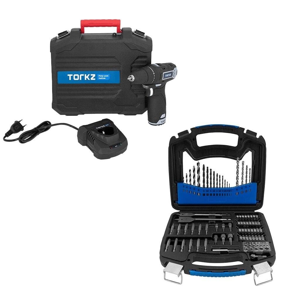 Furadeira Parafusadeira Torkz Profissional TRB0013, 12V e Jogo de Brocas Bits Torkz TRK0006 75 Peças
