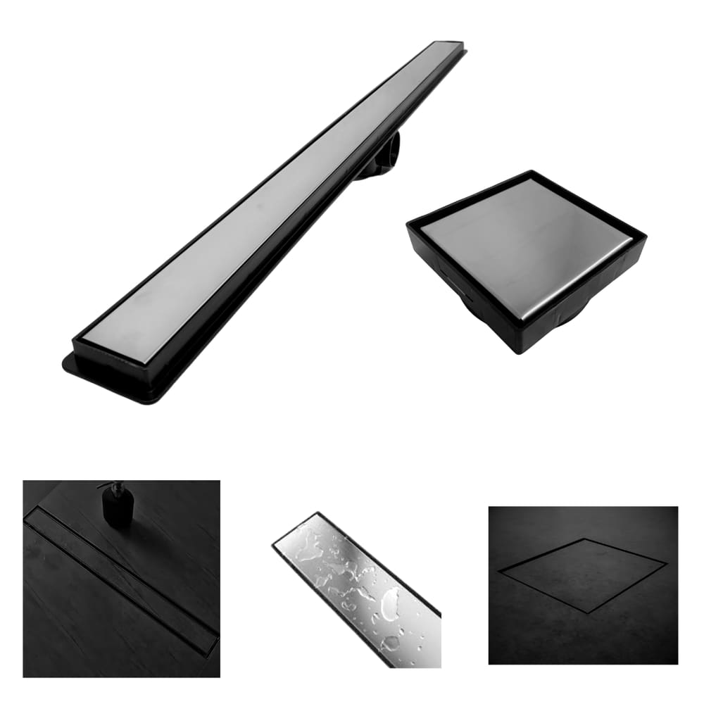 Kit Seca Box Linear 5x90 + Ralo 10x10 Inox 2 em 1 Invisível Oculto Base Preto Banheiro