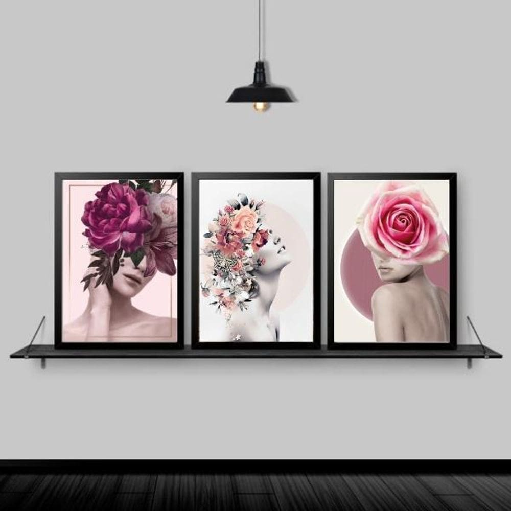 Quadros Fotografia Mulher Floral Moldura Preta 45X34Cm 3Un