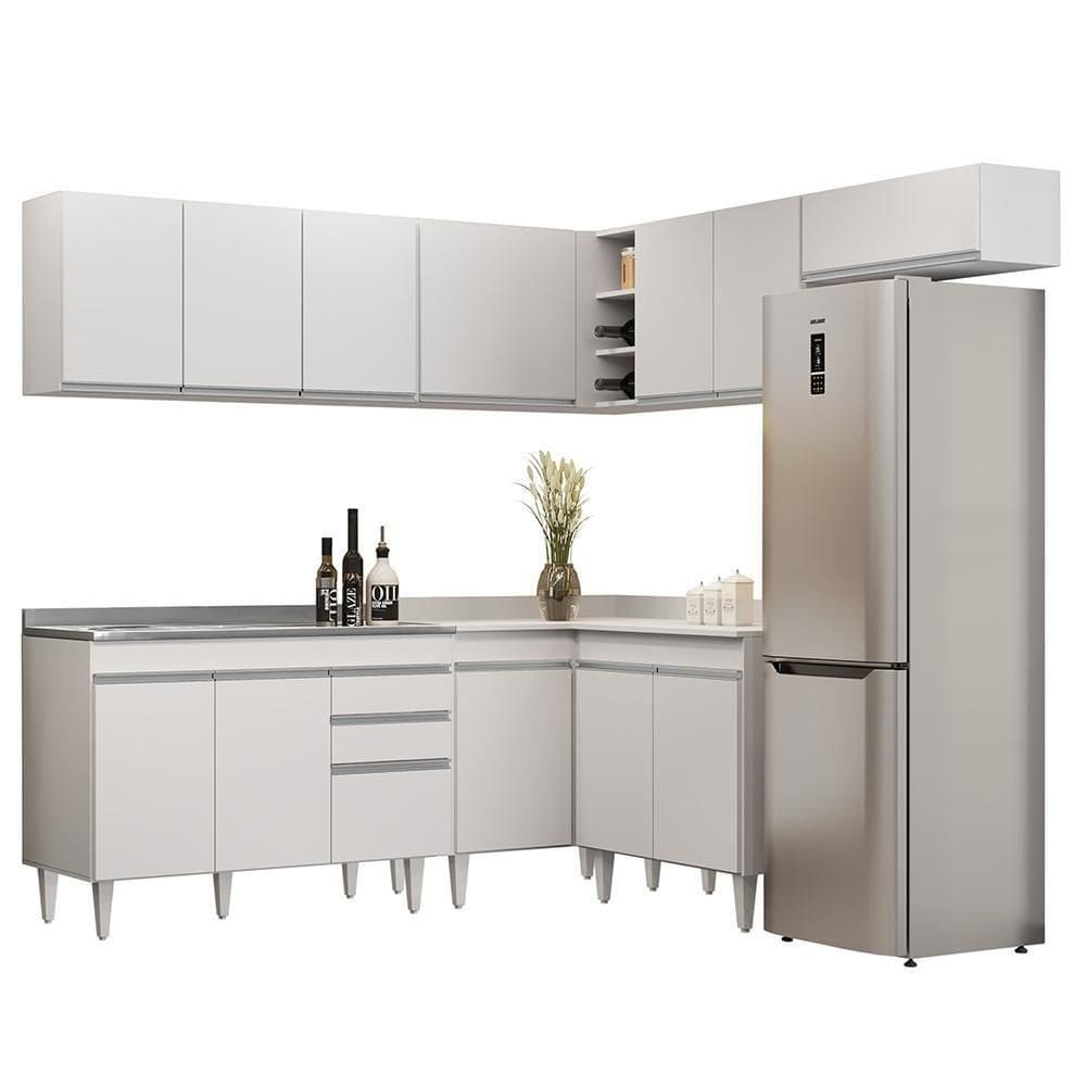 Armário De Cozinha Modulado De Canto 7 Peças Cp21 Com Pia Inox Branco - Lumil