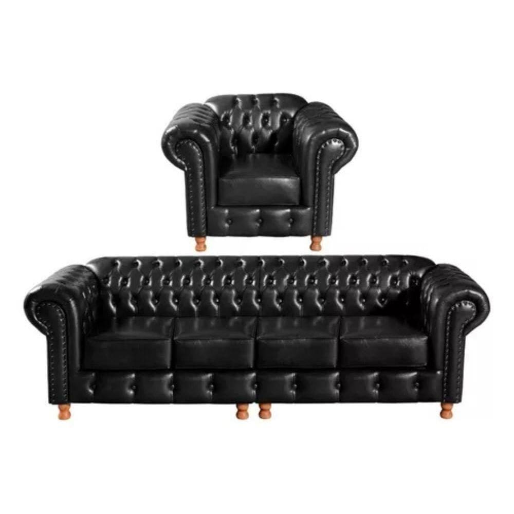 Conjunto Sofá 4 Lugares E Poltrona Chesterfield Luís Xv Vintage Retrô Capitonê Couro Preto