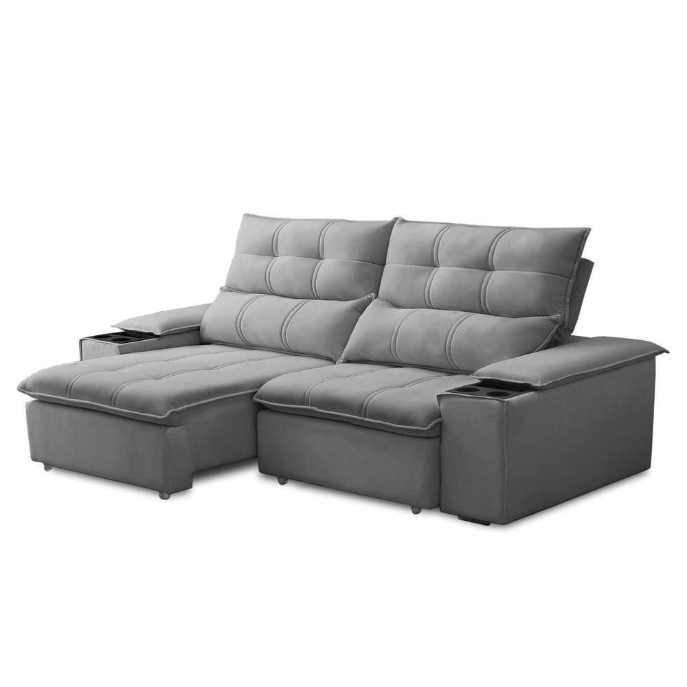 Sofá Retrátil 3 Lugares Com Porta Copo 210cm Malta F05 Veludo Cinza - Mpozenato