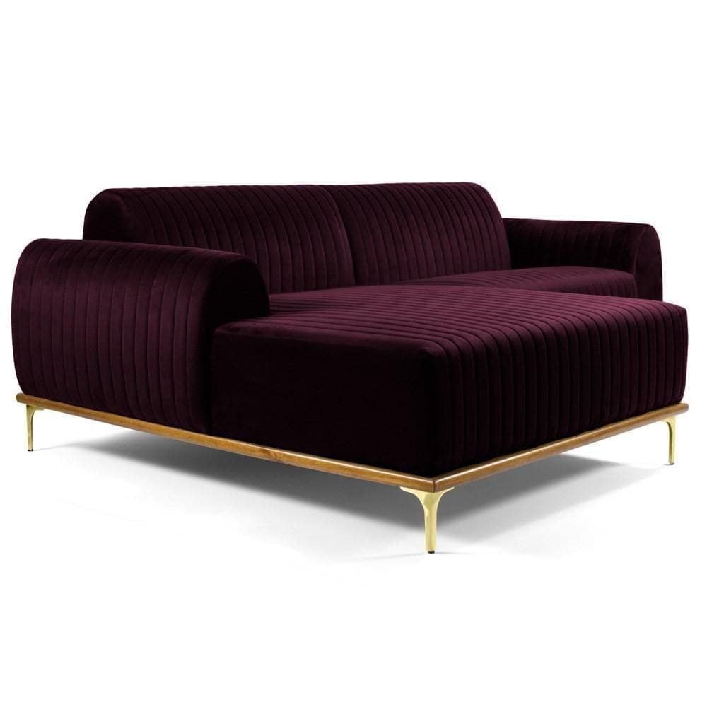 Sofá 245cm 4 Lugares Com Chaise Esquerdo Pés Gold Molino C-292 Veludo Uva - Domi