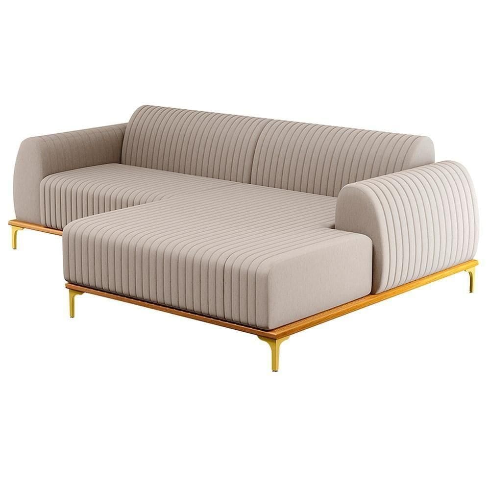 Sofá 255cm 4 Lugares Com Chaise Direito Pés Gold Molino C-107 Linho Bege - Domi