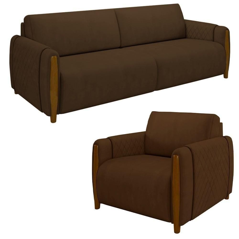 Conjunto Sofá 3 Lugares 223cm E Poltrona 98cm Amaranto M22 Veludo Marrom - Mpozenato