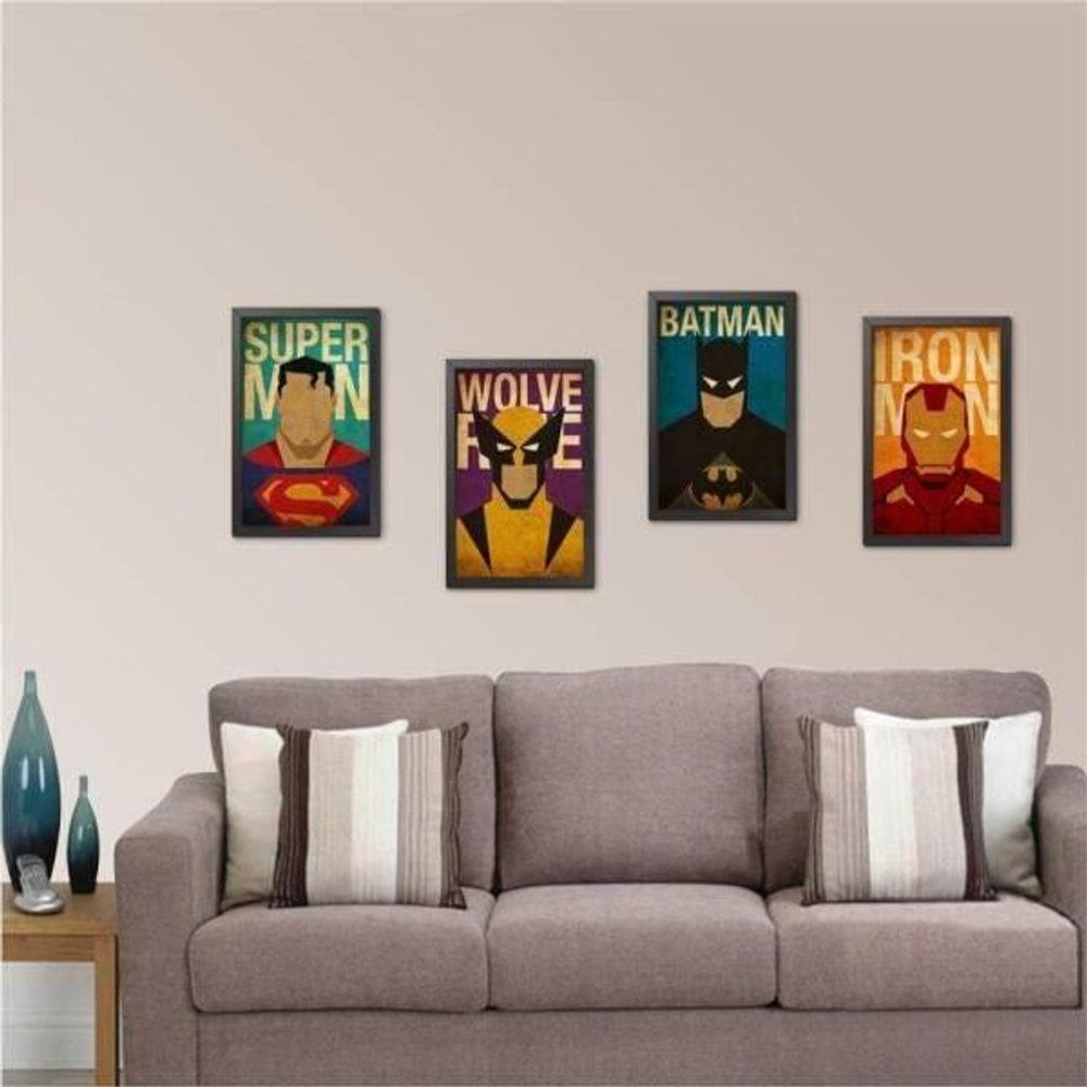 Kit 4 Quadros Super Heróis 24X18Cm - Com Vidro