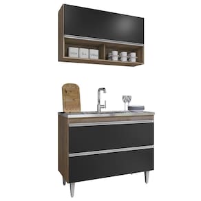 Armário De Cozinha Com Nicho Cp01 E Pia 100cm Z34 Freijó/preto - Mpozenato