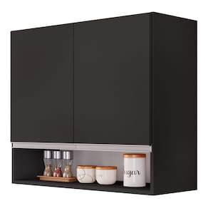 Armário Aéreo Multiuso Lux 80cm 100%MDF 02 Portas com Nicho Integrado Preto - Abmaza