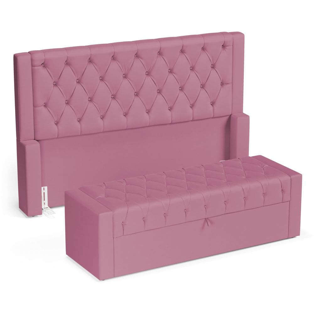 Cabeceira e Calçadeira Báu Casal Padrão Atena 140cm Capitonê Suede Rosa - Abmaza