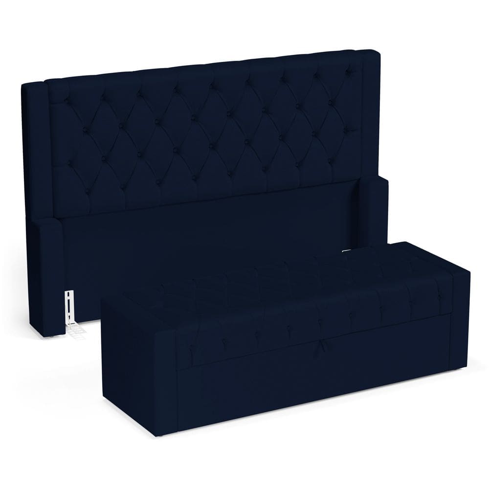 Cabeceira e Calçadeira Báu Casal Padrão Atena 140cm Capitonê Suede Azul Marinho - Abmaza