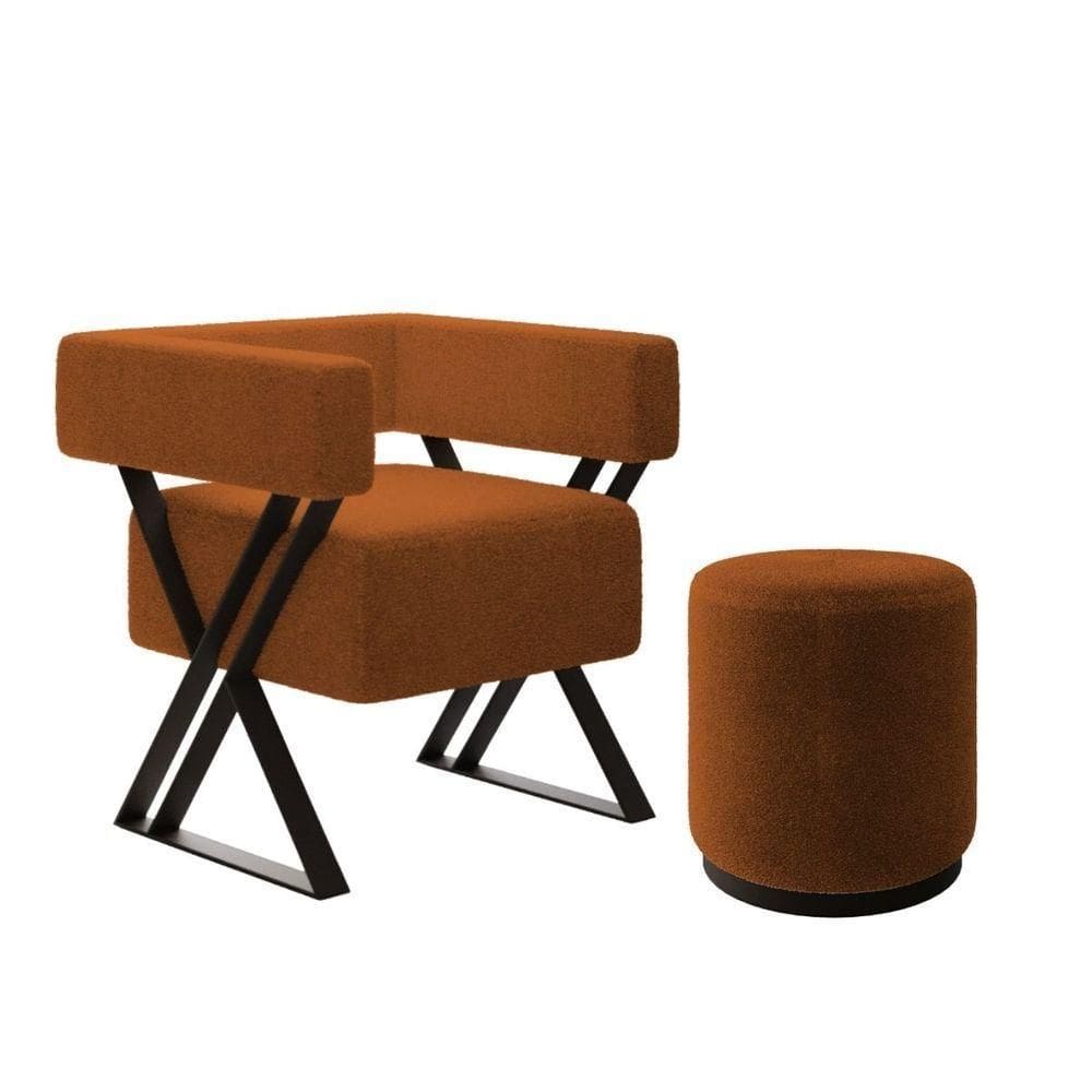 Kit Poltrona E Puff Decorativo Kira Estilo Industrial Bouclé Terracota