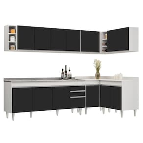 Armário De Cozinha Modulado De Canto 7 Peças Cp36 Com Pia Inox Branco/preto - Lumil