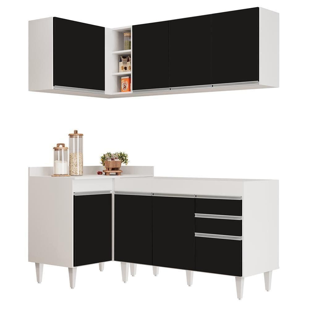 Armário De Cozinha Modulado De Canto Direito 4 Peças Cp37 Balcão Sem Tampo Branco/preto - Lumil