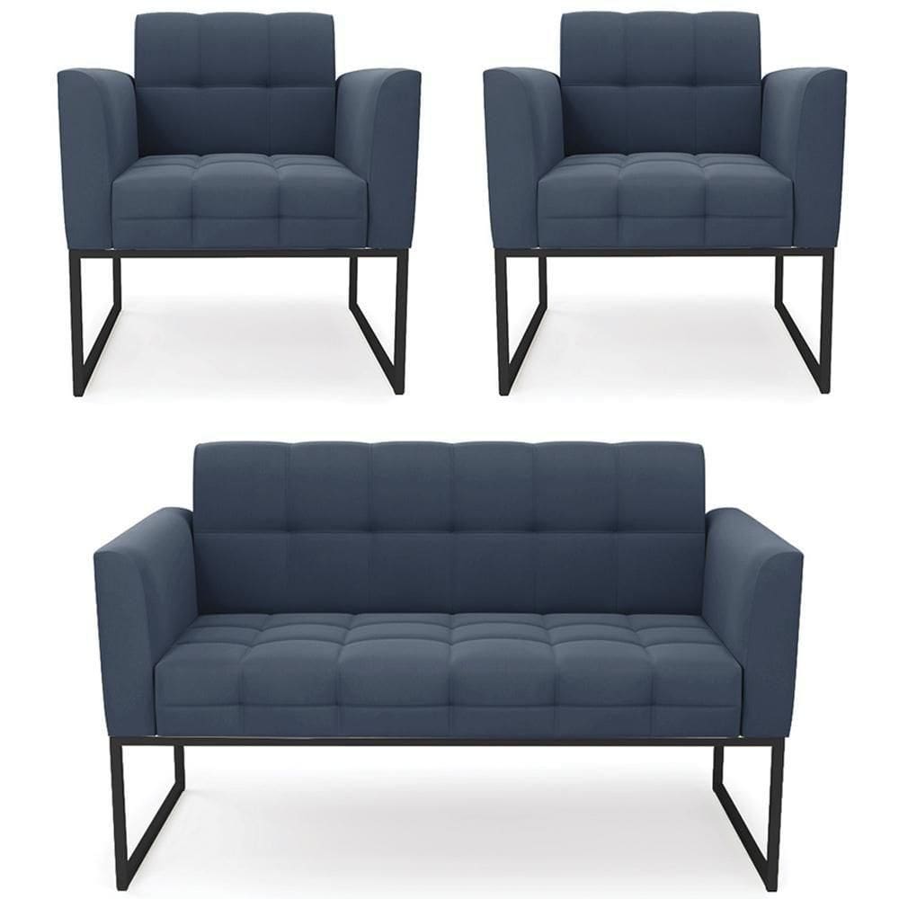 Sofá Namoradeira E 2 Poltronas Base Industrial Preto Ana Suede Azul Marinho - Ibiza