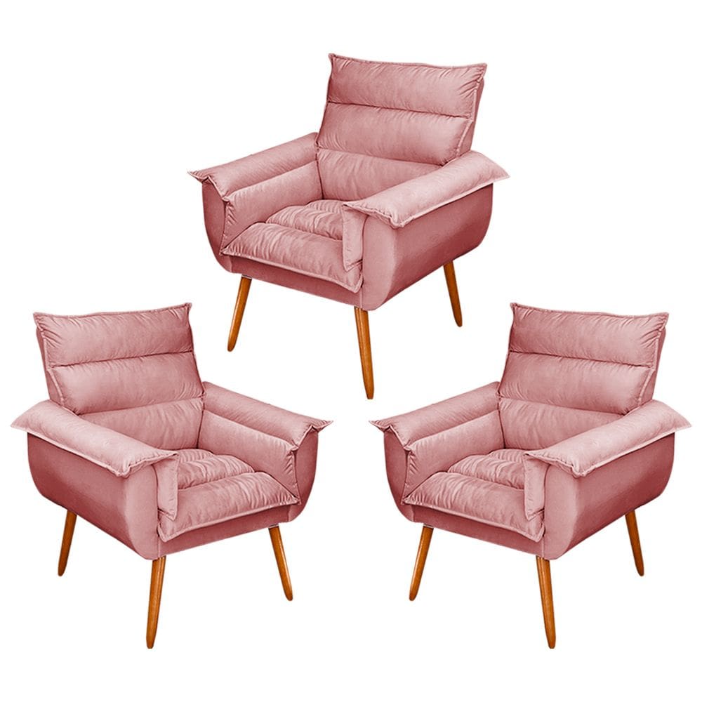 Kit 03 Poltronas Decorativas Modernas Sala e Recepção Monza Pés Palito Veludo Rosé - Abmaza