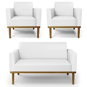 Sofá Namoradeira E 2 Poltronas Base Madeira Castanho Maressa Sintético Branco - Ibiza