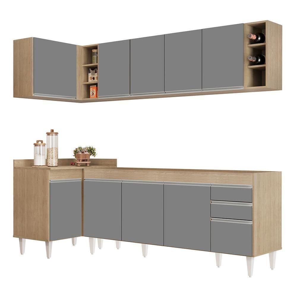Armário De Cozinha Modulado De Canto Direito 5 Peças Cp43 Balcão Sem Tampo Castanho/cinza - Lumil