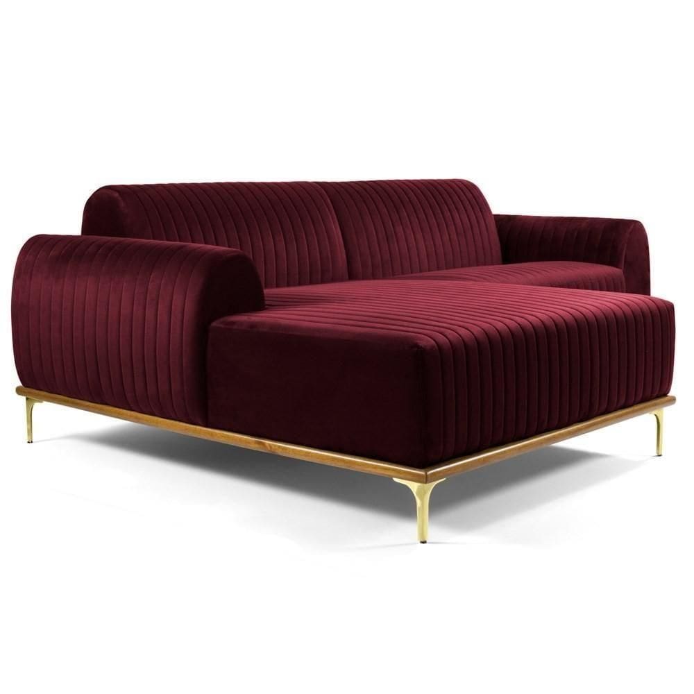 Sofá 320cm 5 Lugares Com Chaise Esquerdo Pés Gold Molino C-278 Veludo Marsala - Domi