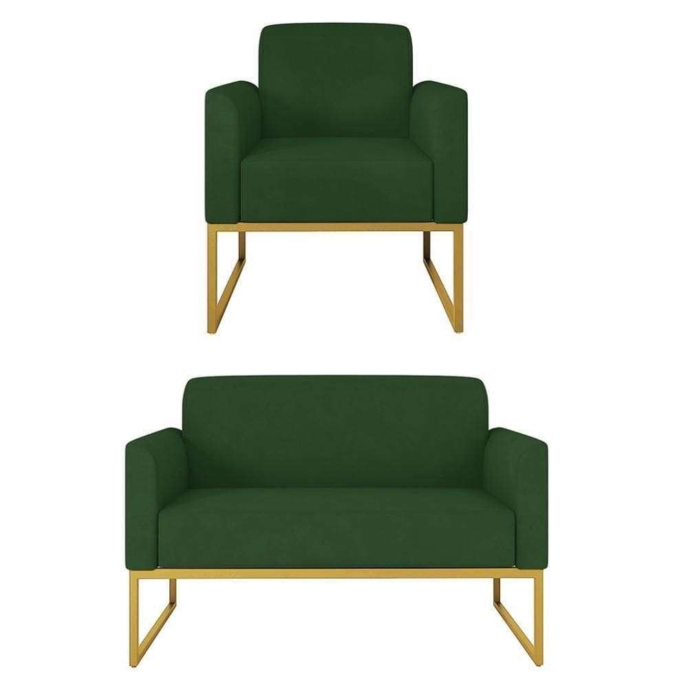 Kit Namoradeira E 1 Poltrona Decorativa Base Industrial Dourada Maressa S23 Suede Verde - Ibiza