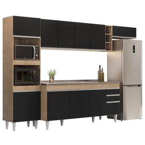 Armário De Cozinha Modulada 5 Peças Cp18 Balcão Com Pia Inox Castanho/preto - Lumil