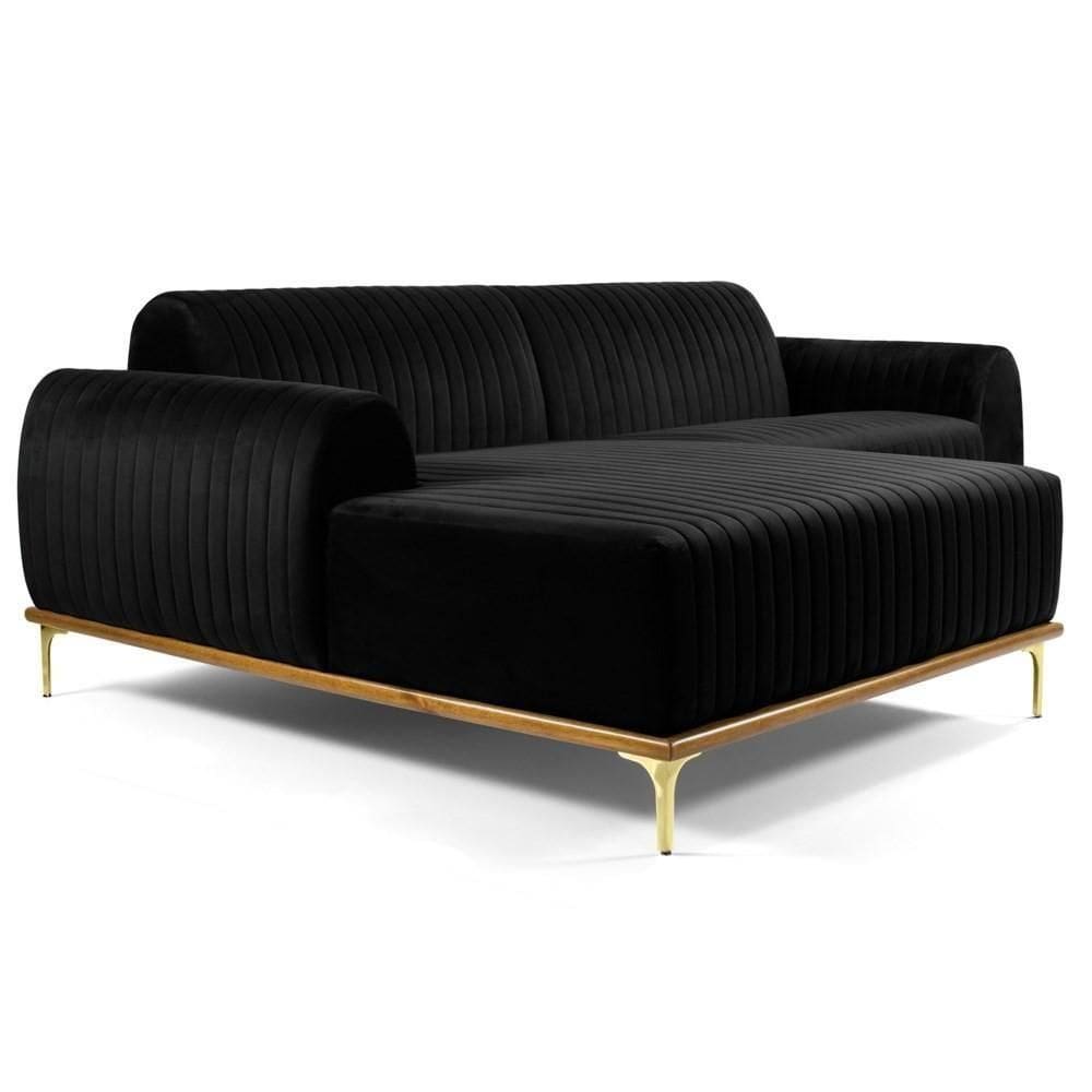 Sofá 300cm 5 Lugares Com Chaise Esquerdo Pés Gold Molino C-300 Veludo Preto - Domi