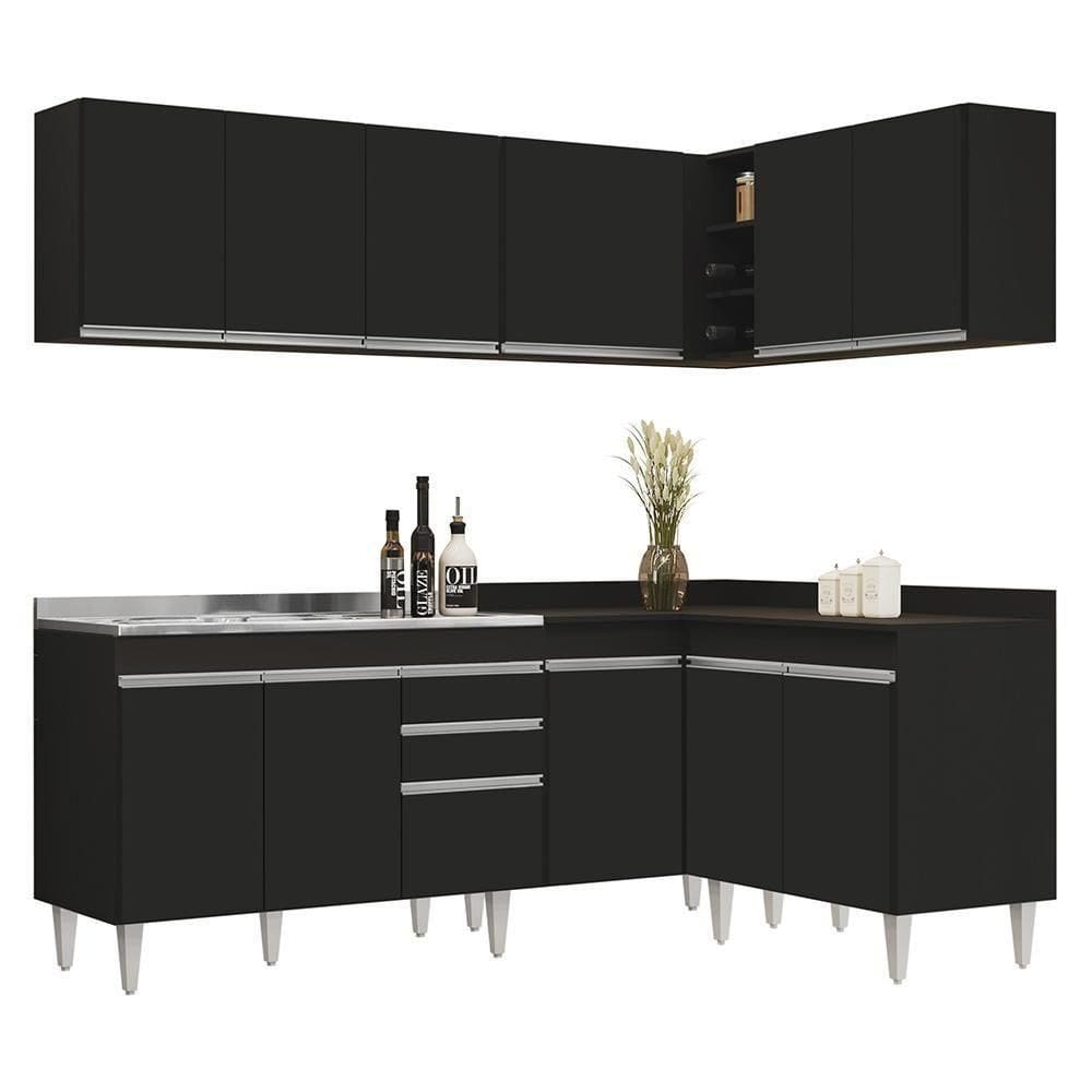 Armário De Cozinha Modulado De Canto 6 Peças Cp30 Com Pia Inox Preto - Lumil