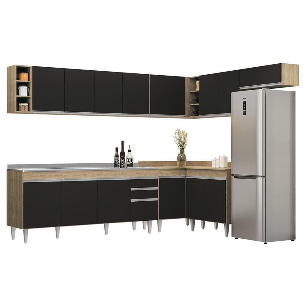 Armário De Cozinha Modulado De Canto 8 Peças Cp27 Com Pia Inox Castanho/preto - Lumil