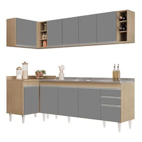 Armário De Cozinha Modulado De Canto Direito 5 Peças Cp45 Com Pia Inox Castanho/cinza - Lumil