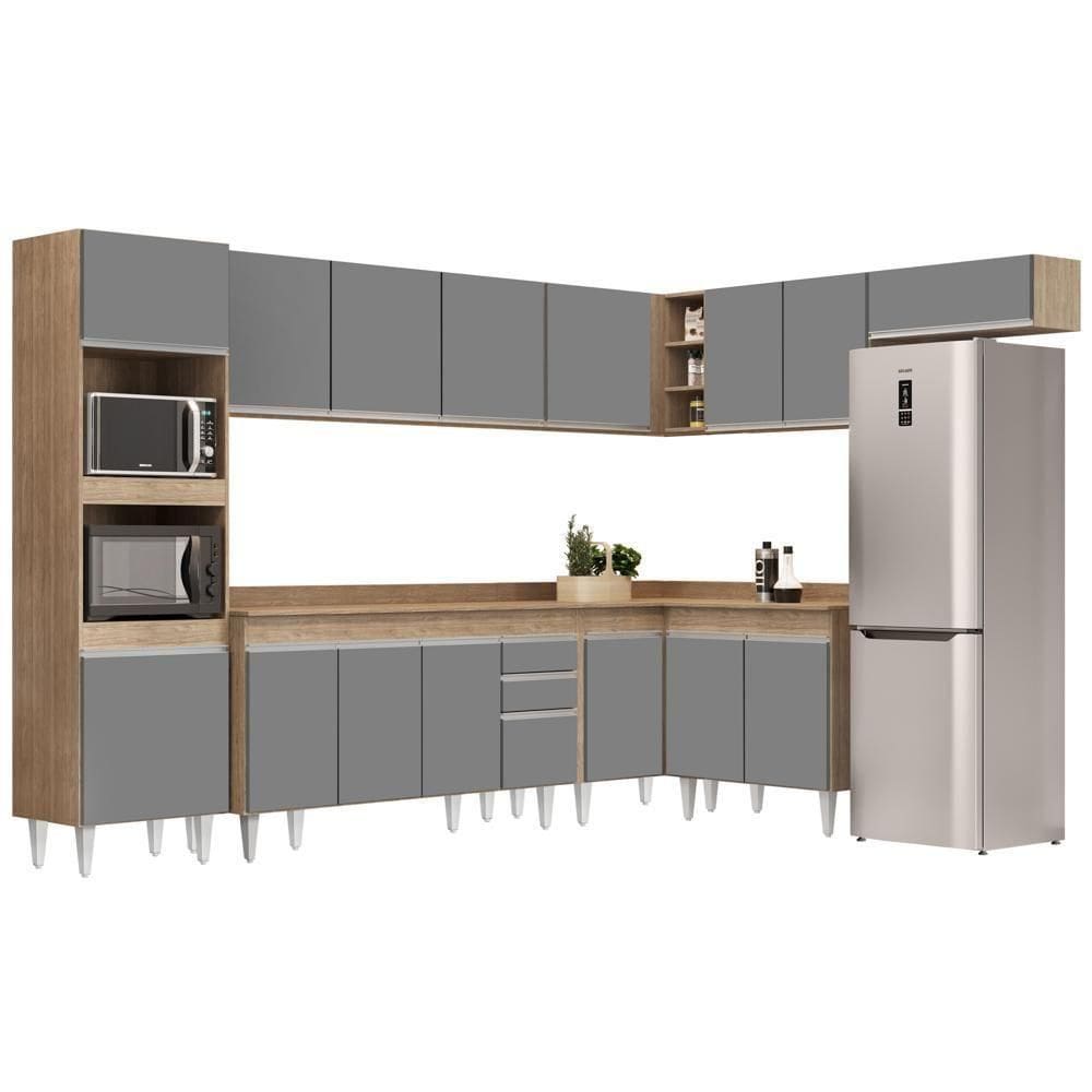 Armário De Cozinha Modulada De Canto 8 Peças Cp08 Balcão Com Tampo Castanho/cinza - Lumil