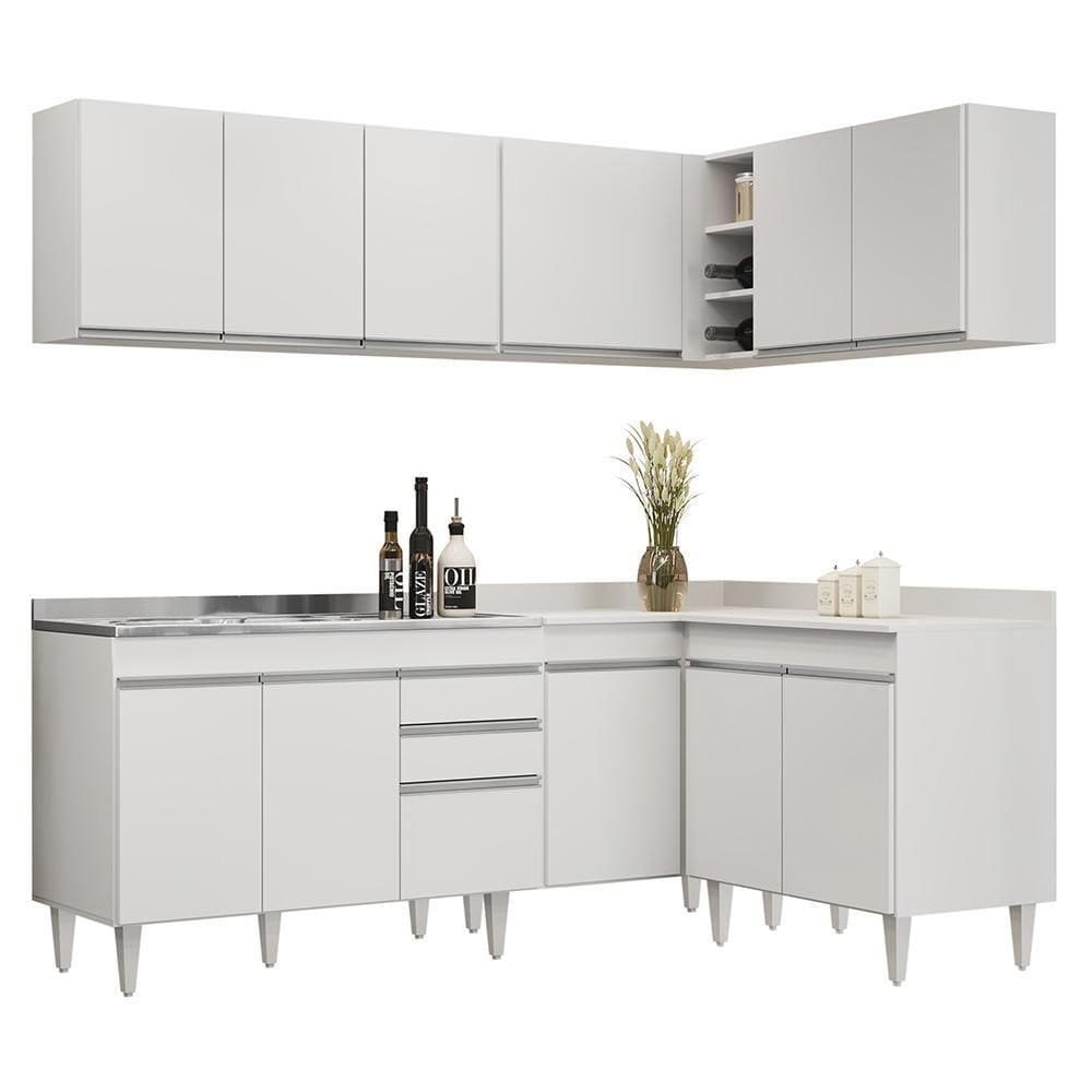 Armário De Cozinha Modulado De Canto 6 Peças Cp30 Com Pia Inox Branco - Lumil
