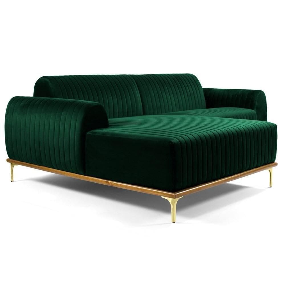 Sofá 300cm 5 Lugares Com Chaise Esquerdo Pés Gold Molino C-303 Veludo Verde Musgo - Domi